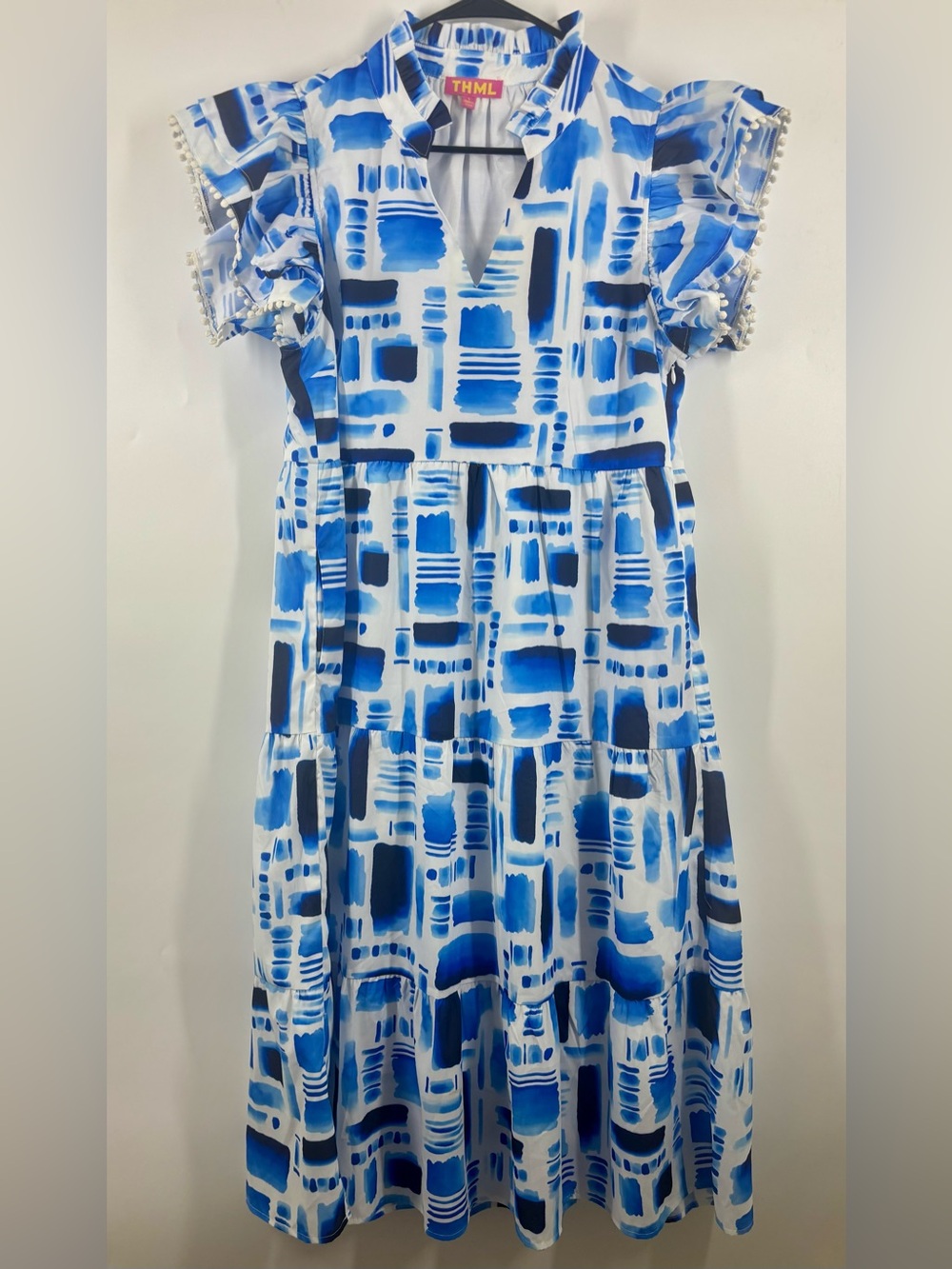 THML V-Neck Abstract Watercolor Tiered Nap Dress Blue White L